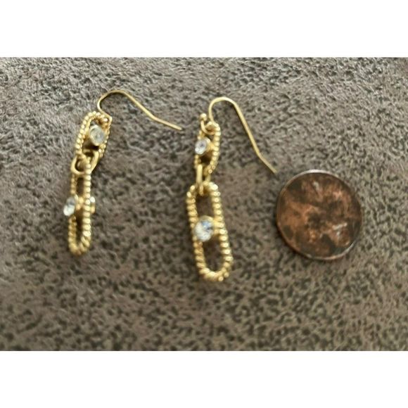 Shiny Gold Tone Sparkling Clear Rhinestone Dangle Double Sided Earrings - Picture 2 of 3